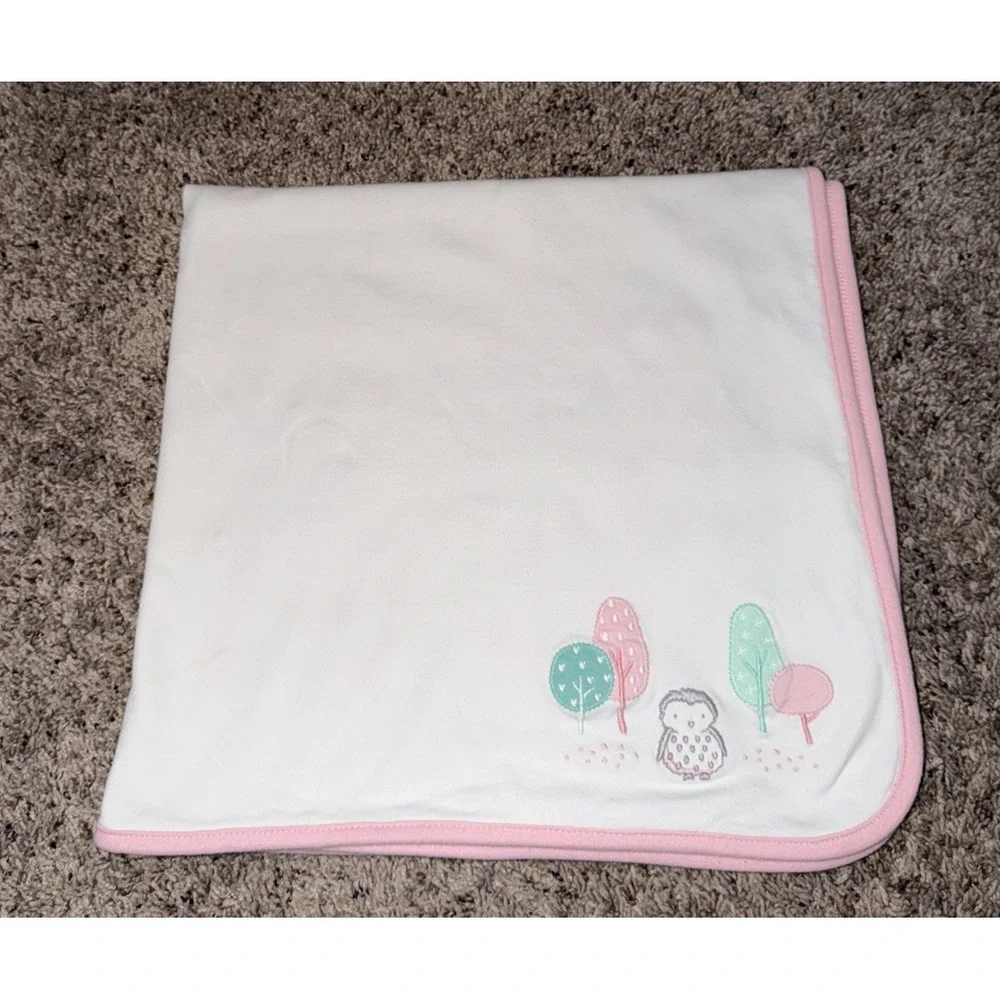 Gymboree Baby Girls Blanket 100% Cotton Owl Trees‎ Pink Trim 2016 Soft Lovey